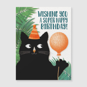 Cat with birthday hat, balloon and plants