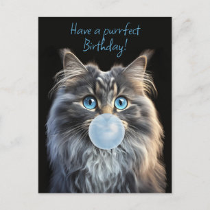 Cat with blue eyes blowing a blue bubble gum postcard