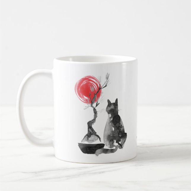 Cat with Bonsai and Buddha Quote Coffee Mug (Left)