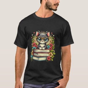 Cat With Books Flowers For Cute Cat Book Lover T S T-Shirt