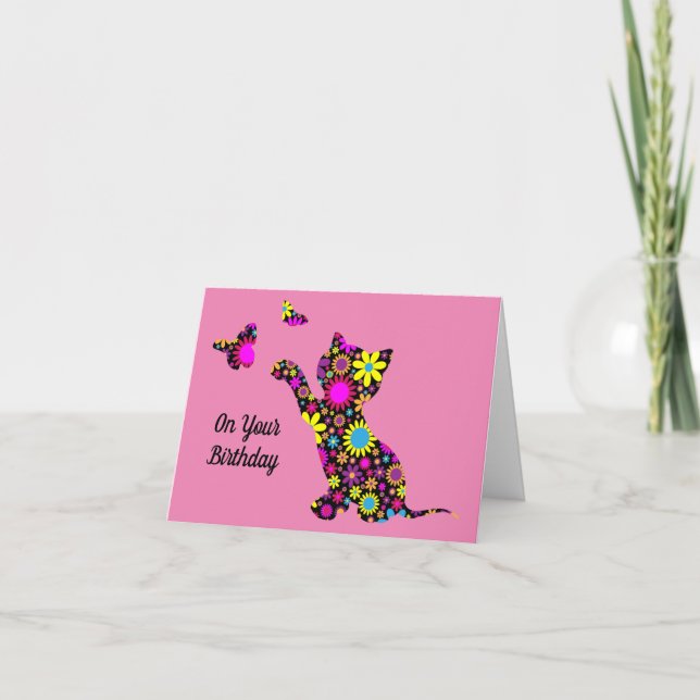 Cat With Butterflies Birthday Greeting Card (Front)