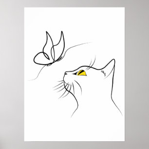 Cat With Butterfly Abstract Minimalistic Lineart Poster