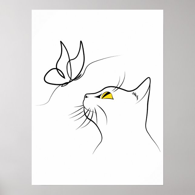Cat With Butterfly Abstract Minimalistic Lineart Poster (Front)