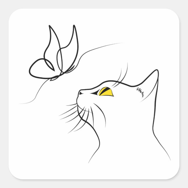 Cat With Butterfly Abstract Minimalistic Lineart Square Sticker (Front)