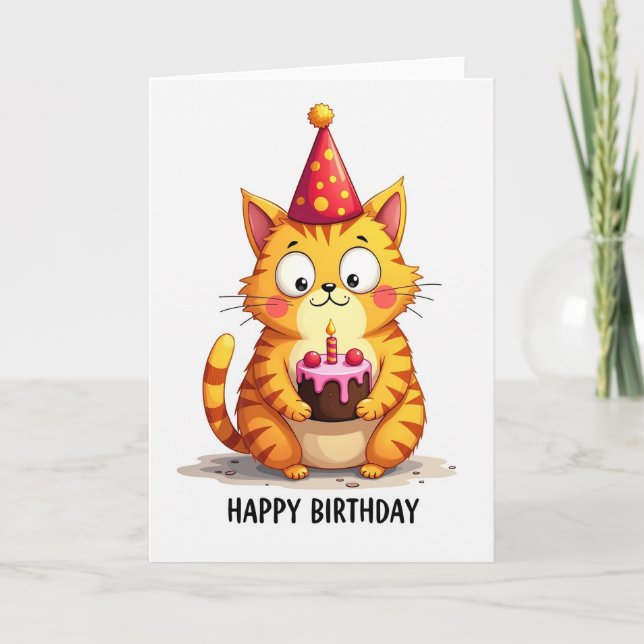 Cat With Cake Birthday Card (Front)