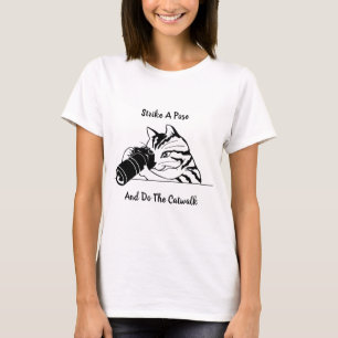 Cat With Camera Black And White T-Shirt