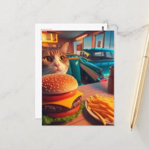 Cat With Cheeseburger and Fries at the Retro Diner Postcard