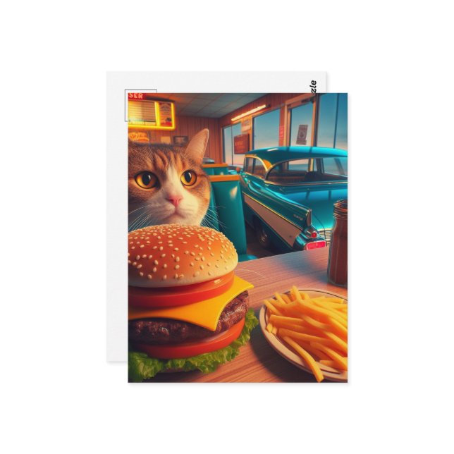 Cat With Cheeseburger and Fries at the Retro Diner Postcard (Front/Back In Situ)