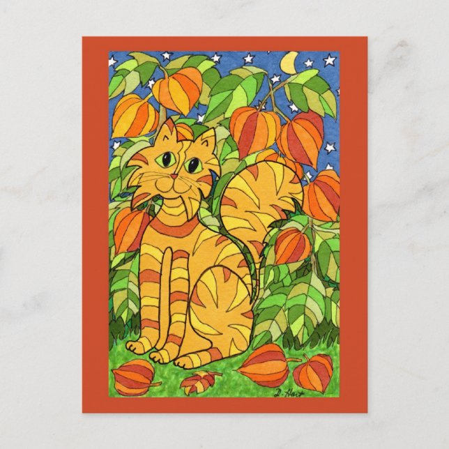 Cat with Chinese Lantern Plant Postcard (Front)