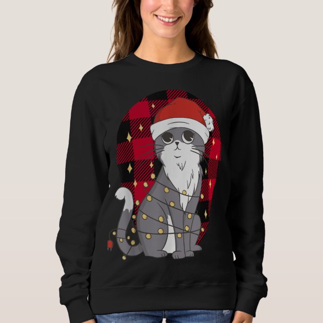 Cat With Christmas Tree Lights, Buffalo Plaid Xmas Sweatshirt (Front)
