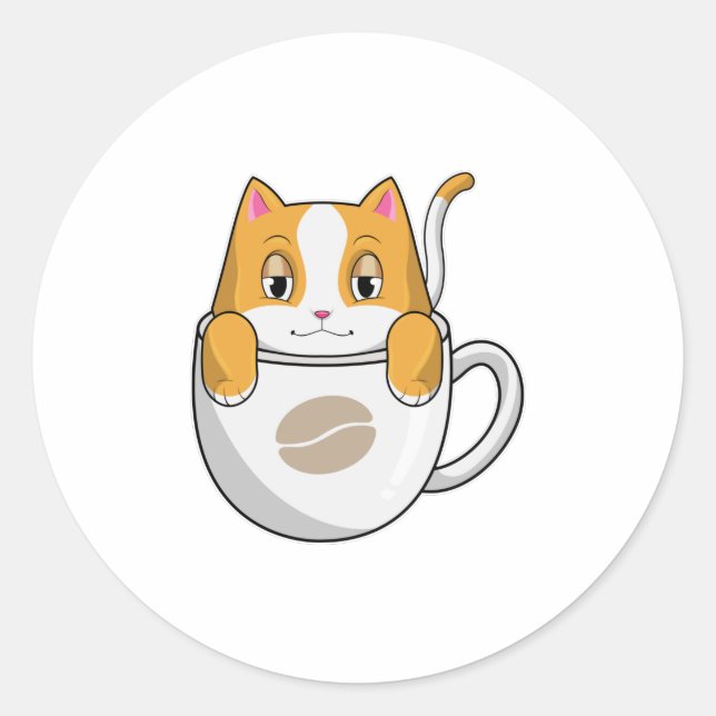 Cat with Coffee Cup Classic Round Sticker (Front)