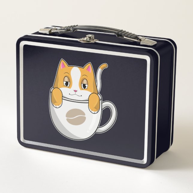 Cat with Coffee Cup Metal Lunch Box (Front)