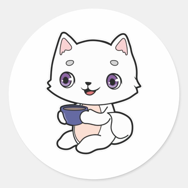 Cat with Cup of Coffee Classic Round Sticker (Front)