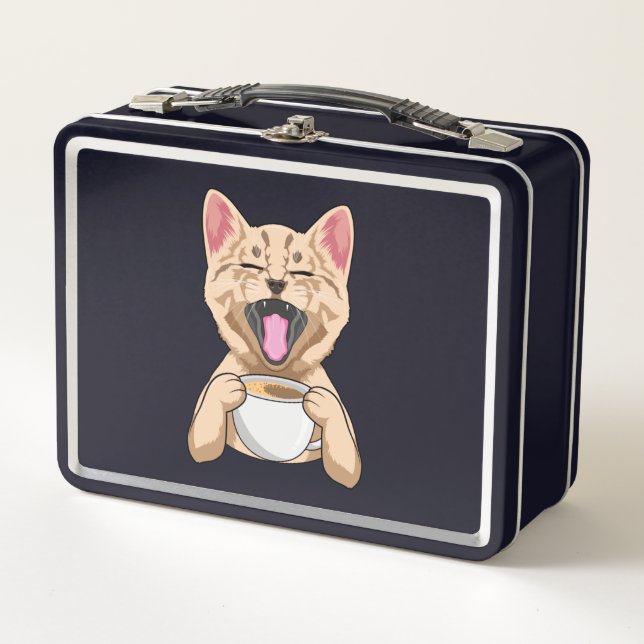 Cat with cup of coffee metal lunch box (Front)