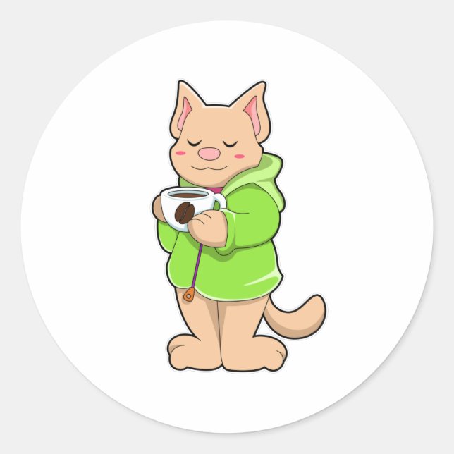Cat with Cup of Coffee & Pyjamas Classic Round Sticker (Front)