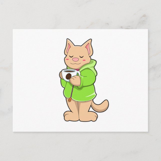Cat with Cup of Coffee & Pyjamas Postcard (Front)