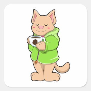 Cat with Cup of Coffee & Pyjamas Square Sticker