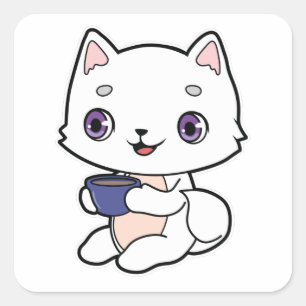 Cat with Cup of Coffee Square Sticker