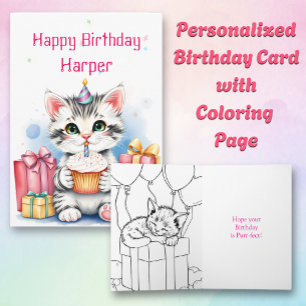 Cat with Cupcake Colouring Page Birthday Card