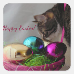 Cat with Easter Basket Square Sticker