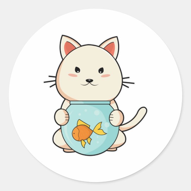 Cat with Fish in Glass Classic Round Sticker (Front)