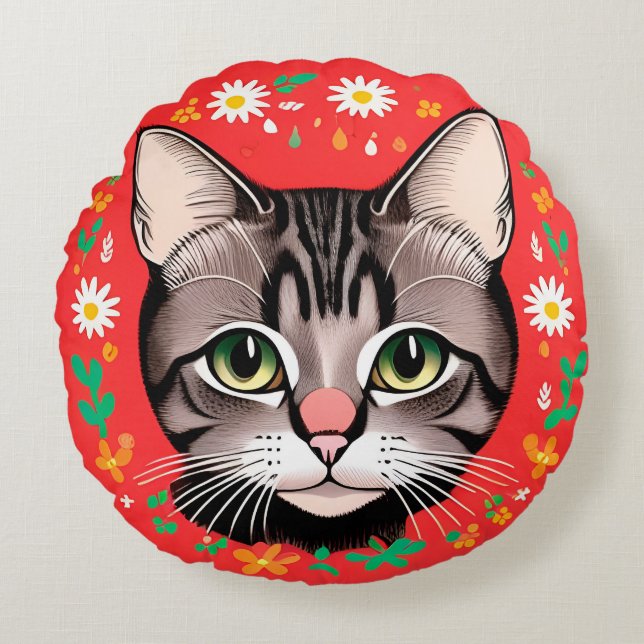 Cat With Floral Headpiece Round Cushion (Front)