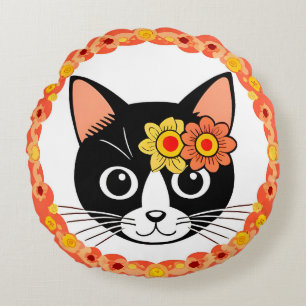 Cat With Floral Headpiece Surrounded by Decorative Round Cushion