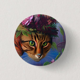 cat with flower hat art   3 cm round badge