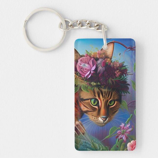 cat with flower hat art  key ring (Front)