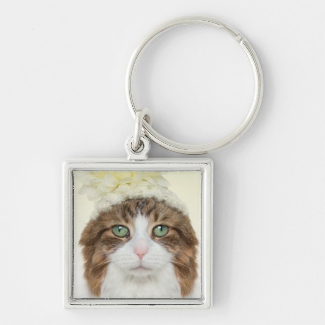 Cat With Flower Hat Key Ring (Front)