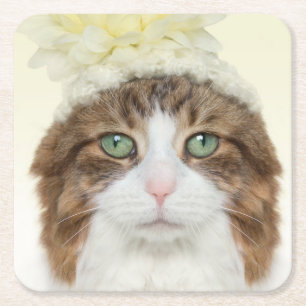 Cat With Flower Hat Square Paper Coaster