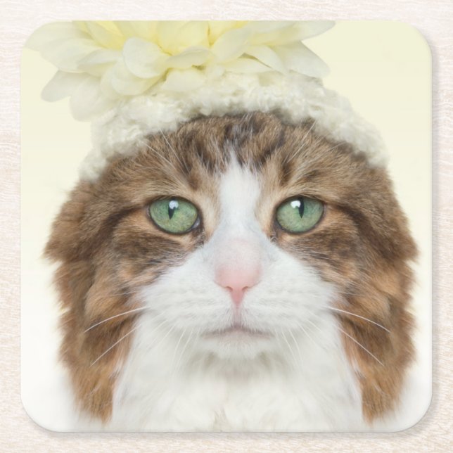 Cat With Flower Hat Square Paper Coaster (Front)