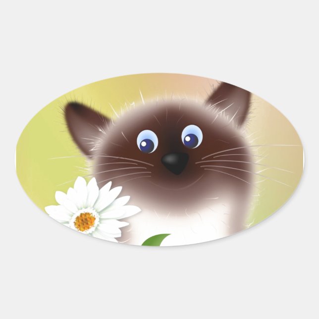 Cat with Flower Oval Sticker (Front)