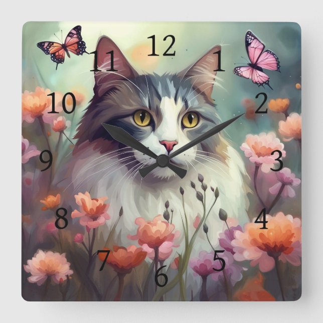 Cat with flowers and butterflies AI Cat 701 Square Wall Clock (Front)