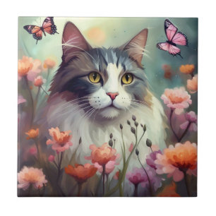 Cat with flowers and butterflies AI Cat 701 Tile