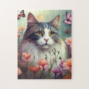 Cat with flowers and butterflies Cat 701 Jigsaw Puzzle