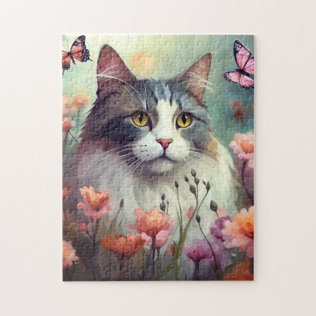 Cat with flowers and butterflies Cat 701 Jigsaw Puzzle (Vertical)