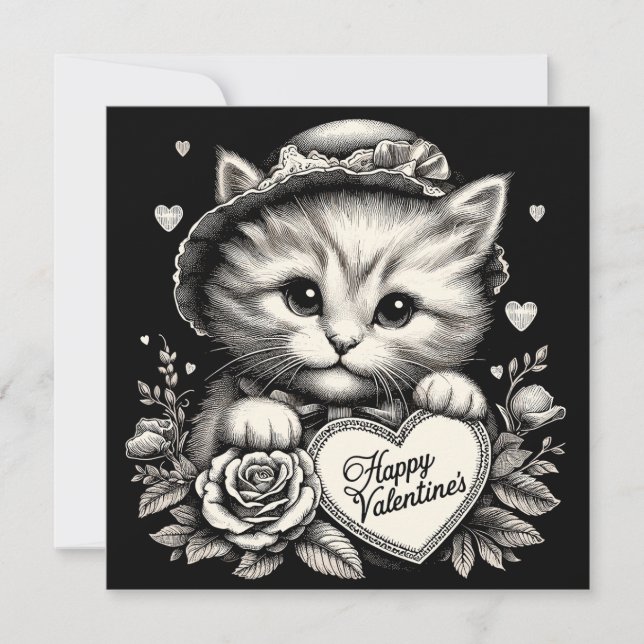 Cat with Flowers and Heart Valentine Illustration Card (Front)