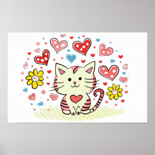 Cat with flowers and hearts poster