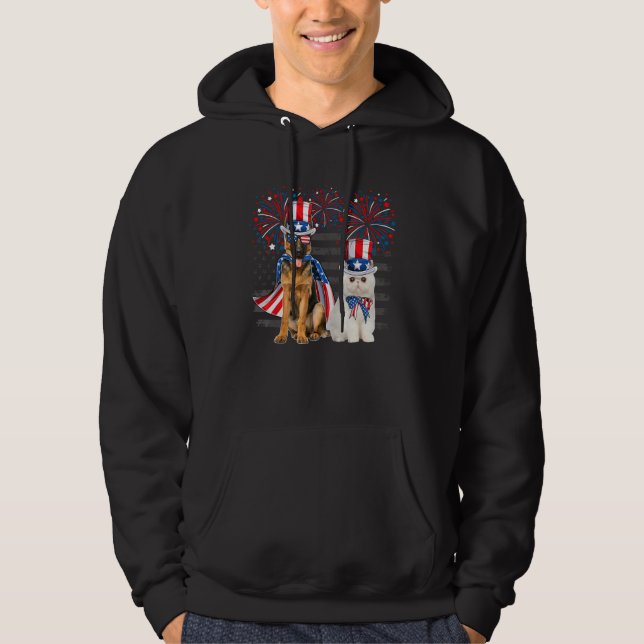 Cat With German Shepherd Sunglasses American Flag  Hoodie (Front)