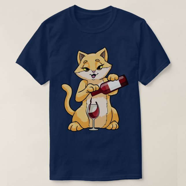 Cat with Glass of Wine and Wine bottle T-Shirt (Design Front)