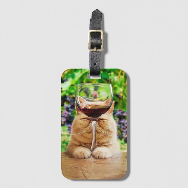 Cat With Glass of Wine Luggage Tag (Front Vertical)