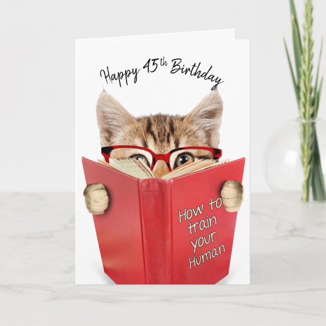 Cat with Glasses and Red Book 45th Birthday   Card (Front)