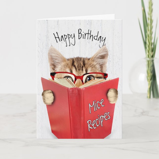 Cat with Glasses and Red Book Birthday Card (Front)