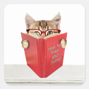 Cat with Glasses and Red Book  Square Sticker