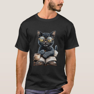 Cat With Glasses Coffee Book Lover T-Shirt