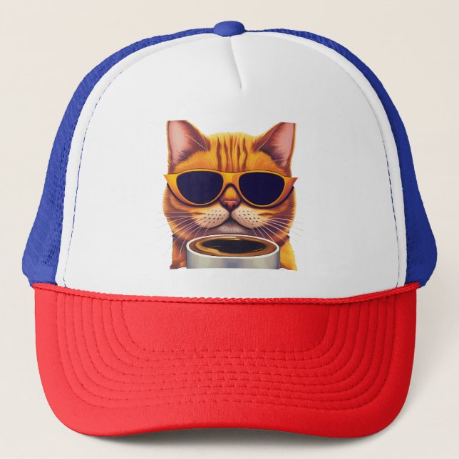 cat with glasses drinking coffee trucker hat (Front)