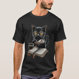 Cat With Glasses Reading Coffee Book Lover T-Shirt