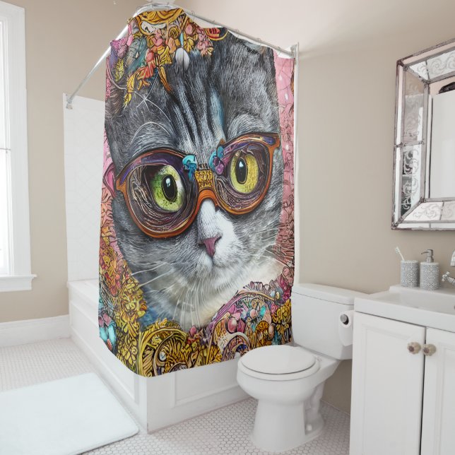 Cat With Glasses Shower Curtain (In Situ)