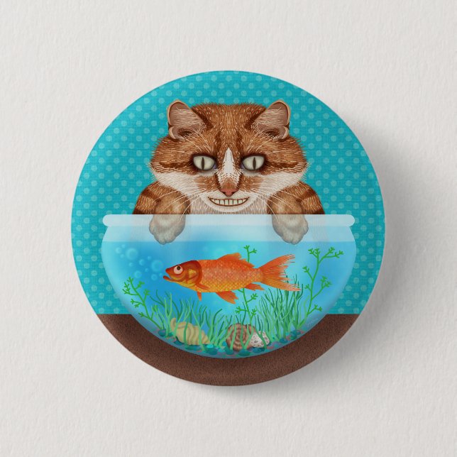 Cat with Goldfish Bowl Funny Hungry Grinning Kitty 6 Cm Round Badge (Front)